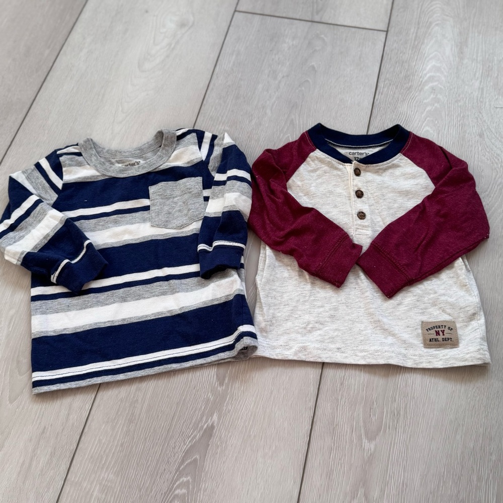 Carter's Kids Long Sleeve Tees - Navy Stripes and Burgundy Sleeves